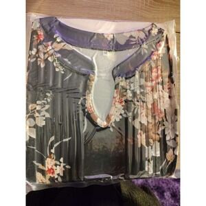 KISSMODA Womens Casual 3/4 Sleeve Tunic Blouse Olive Black Floral Print Size M